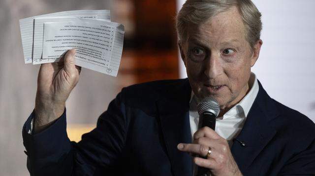 Democratic governor candidate Tom Steyer, a billionaire and entrepreneur, holds up his notes as he speaks during a campaign stop in Sacramento on Thursday, March 5, 2026.